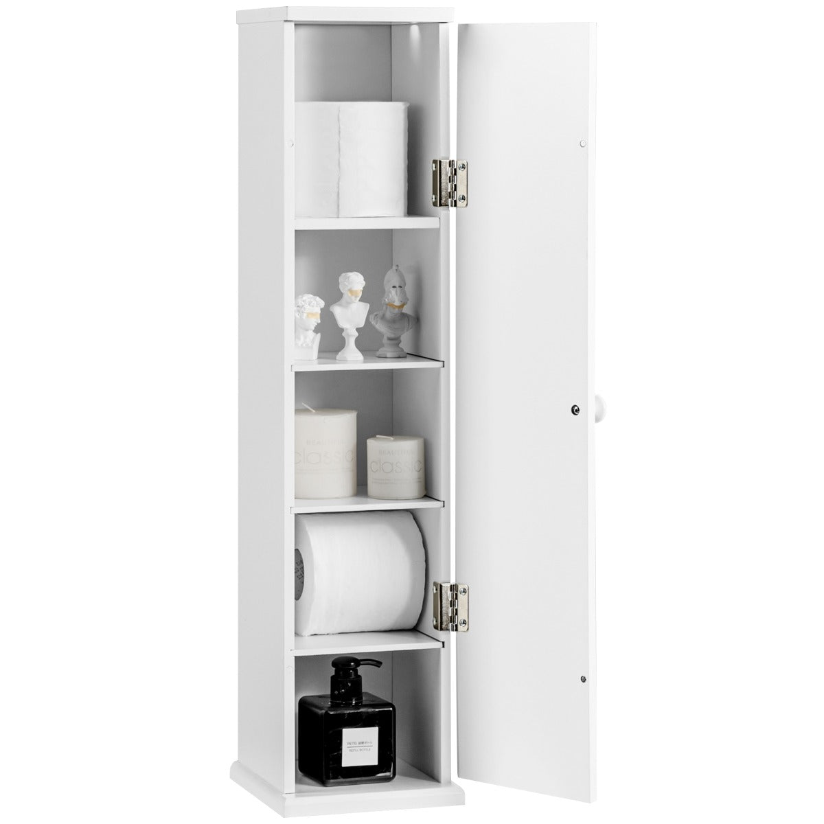 Smooth painted surface makes this freestanding toilet cabinet easy to wipe clean and maintain