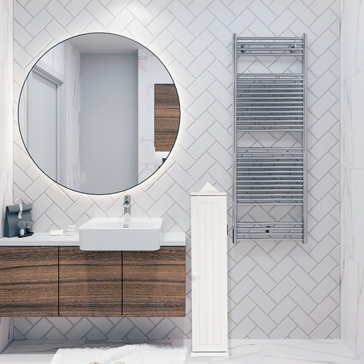 Hinged door keeps toilet paper hidden, clean and accessible in damp bathroom environments
