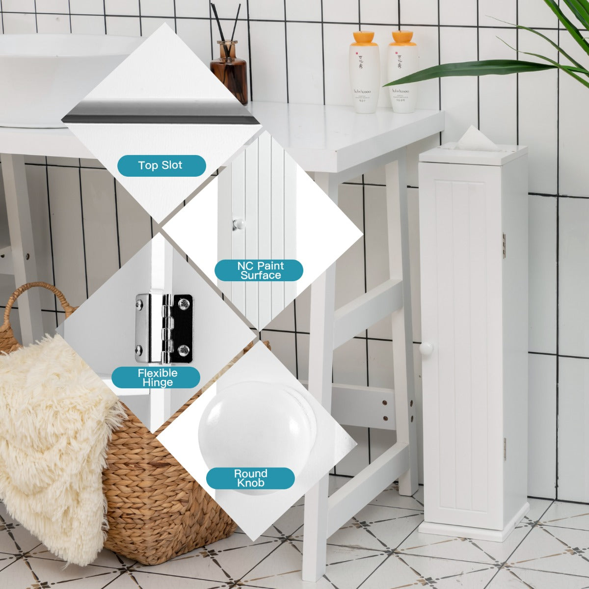 Small floor footprint allows the tissue holder cabinet to fit beside toilets or in other tight spaces