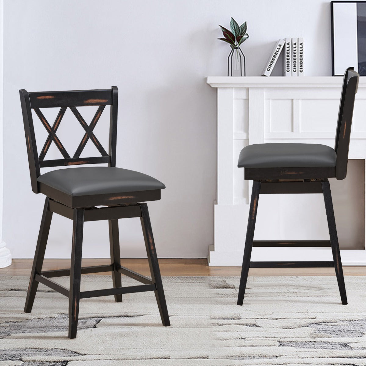 2 Pieces Swivel Bar Stools with Backrest &amp; Rubber Wood Legs-Black-96 cm