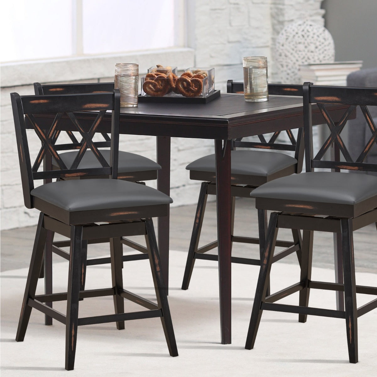 2 Pieces Swivel Bar Stools with Backrest &amp; Rubber Wood Legs-Black-96 cm