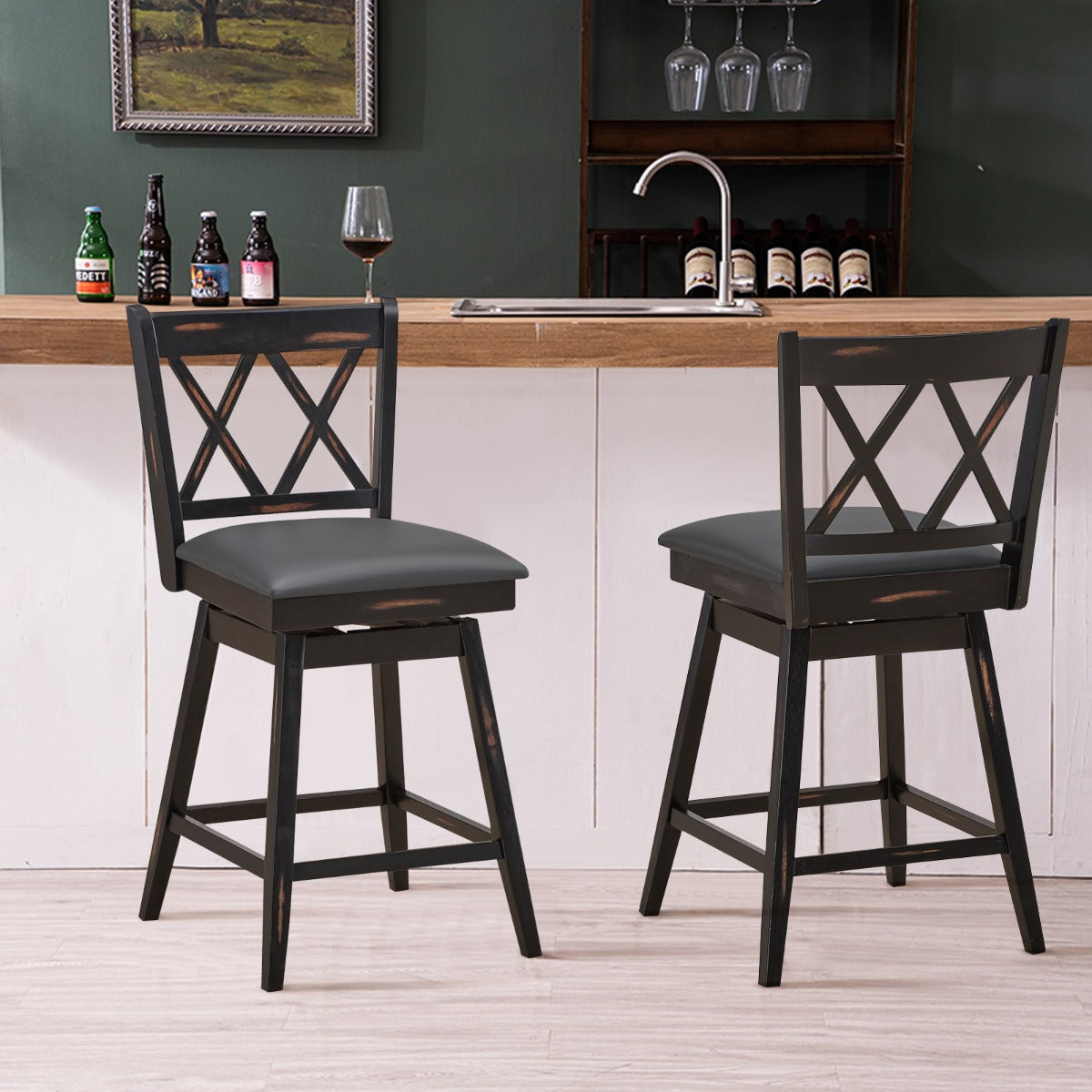 2 Pieces Swivel Bar Stools with Backrest &amp; Rubber Wood Legs-Black-96 cm