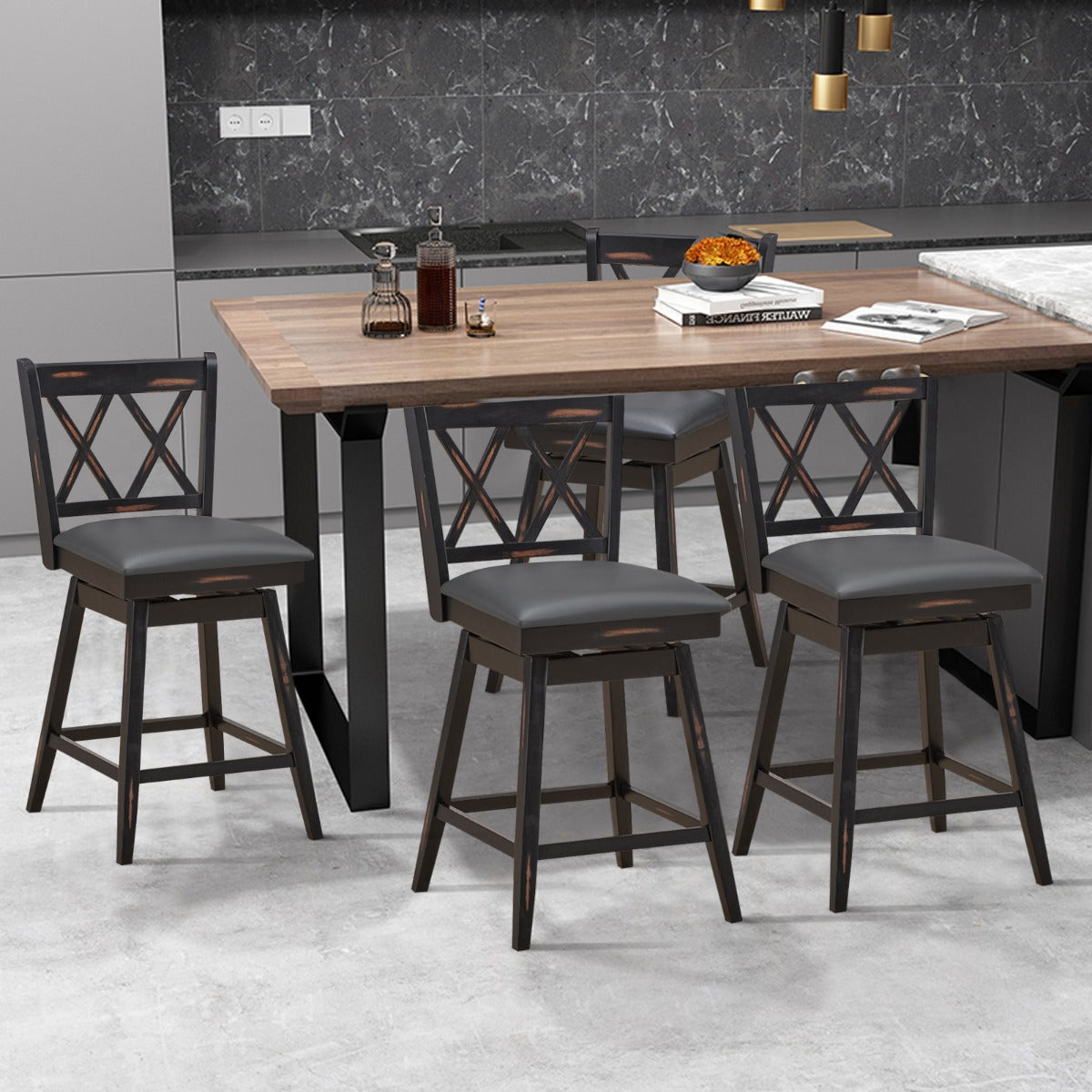 2 Pieces Swivel Bar Stools with Backrest &amp; Rubber Wood Legs-Black-96 cm