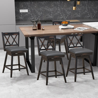 2 Pieces Swivel Bar Stools with Backrest &amp; Rubber Wood Legs-Black-96 cm
