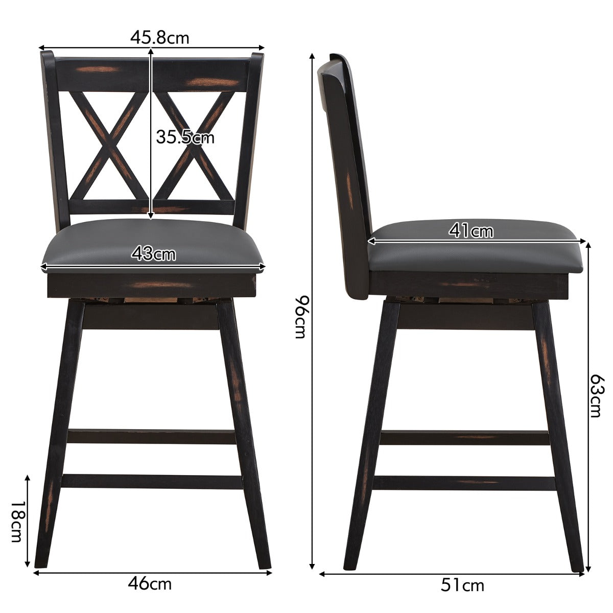 2 Pieces Swivel Bar Stools with Backrest &amp; Rubber Wood Legs-Black-96 cm