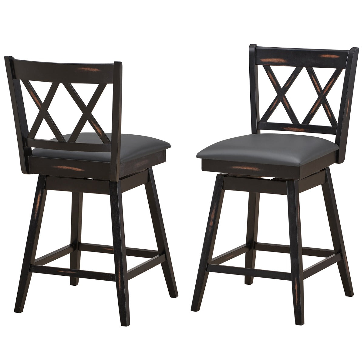 2 Pieces Swivel Bar Stools with Backrest &amp; Rubber Wood Legs-Black-96 cm