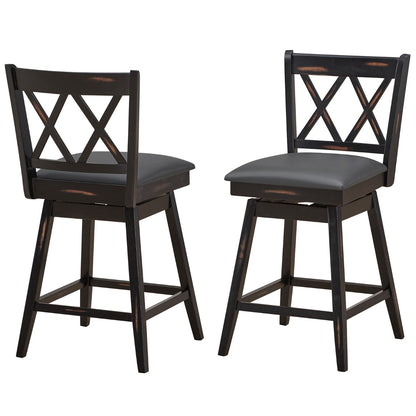 2 Pieces Swivel Bar Stools with Backrest &amp; Rubber Wood Legs-Black-96 cm