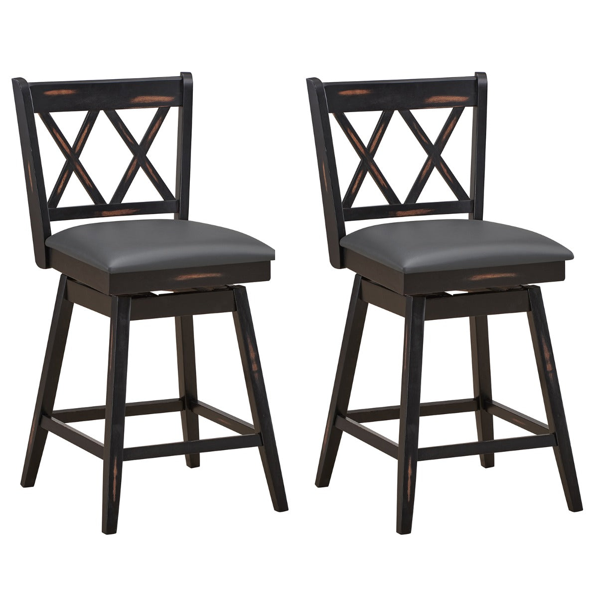 2 Pieces Swivel Bar Stools with Backrest &amp; Rubber Wood Legs-Black-96 cm