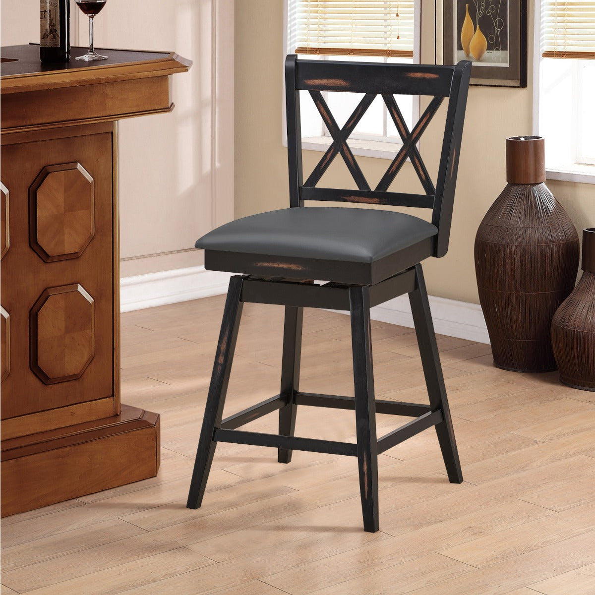 2 Pieces Swivel Bar Stools with Backrest &amp; Rubber Wood Legs-Black-96 cm