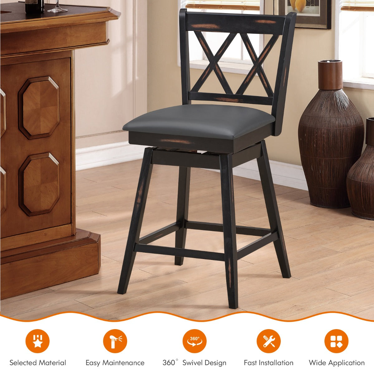 2 Pieces Swivel Bar Stools with Backrest &amp; Rubber Wood Legs-Black-96 cm