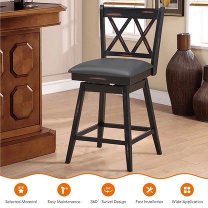 2 Pieces Swivel Bar Stools with Backrest &amp; Rubber Wood Legs-Black-96 cm