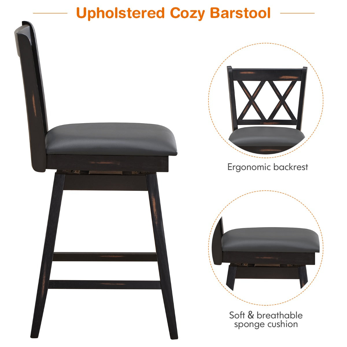2 Pieces Swivel Bar Stools with Backrest &amp; Rubber Wood Legs-Black-96 cm