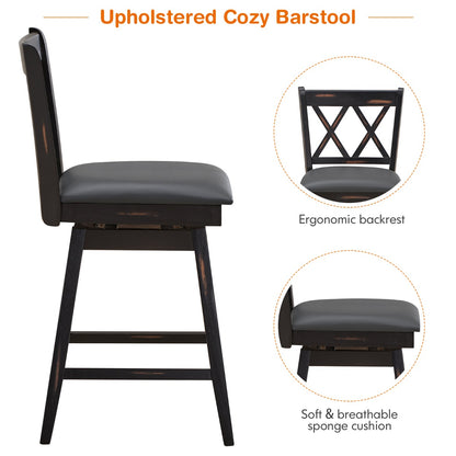 2 Pieces Swivel Bar Stools with Backrest &amp; Rubber Wood Legs-Black-96 cm