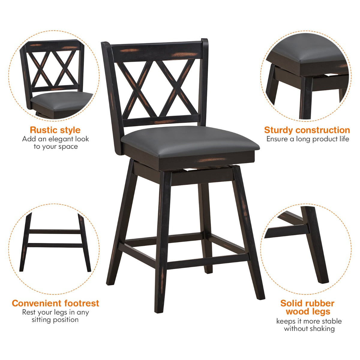 2 Pieces Swivel Bar Stools with Backrest &amp; Rubber Wood Legs-Black-96 cm