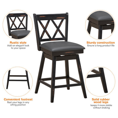 2 Pieces Swivel Bar Stools with Backrest &amp; Rubber Wood Legs-Black-96 cm