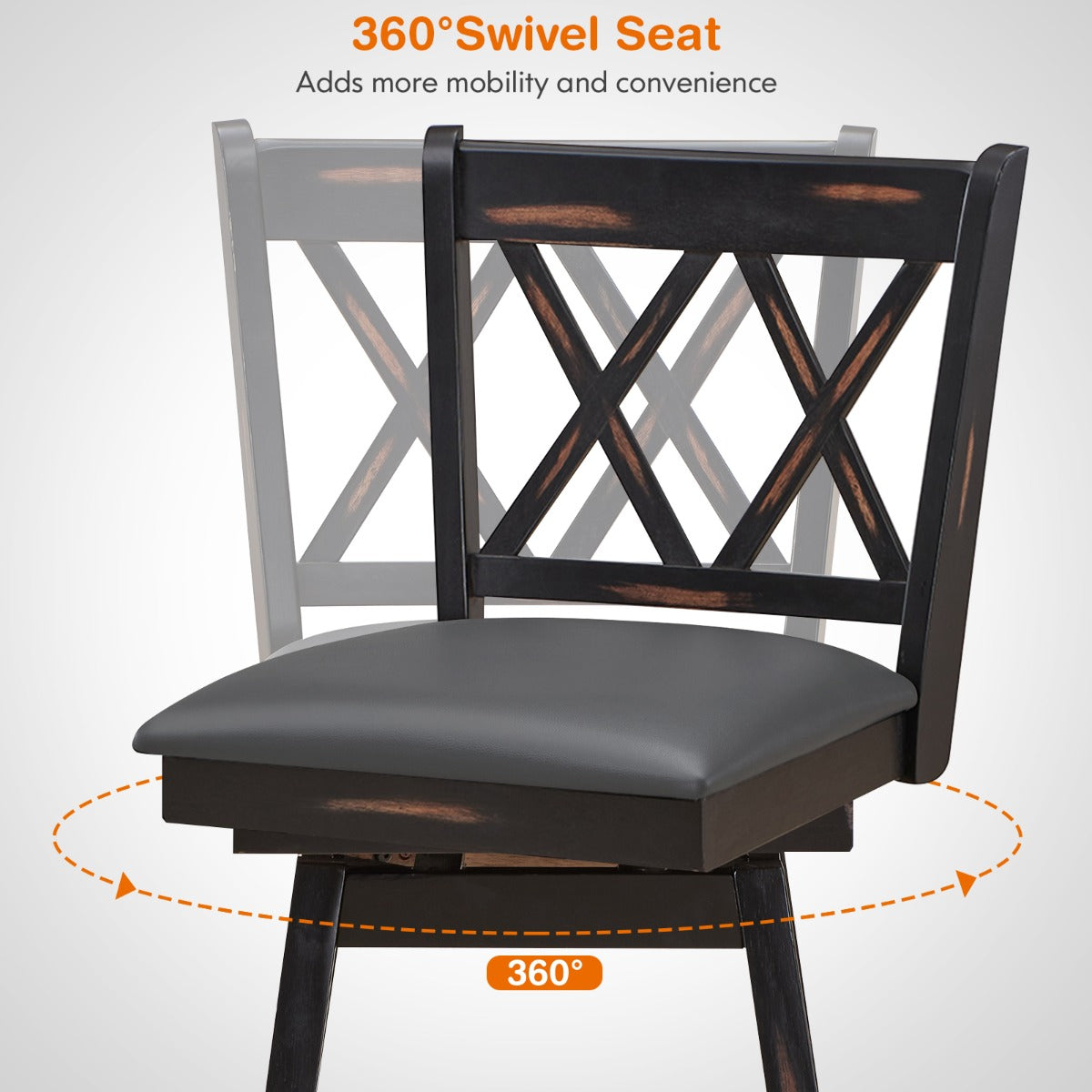 2 Pieces Swivel Bar Stools with Backrest &amp; Rubber Wood Legs-Black-96 cm