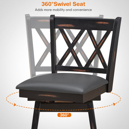 2 Pieces Swivel Bar Stools with Backrest &amp; Rubber Wood Legs-Black-96 cm