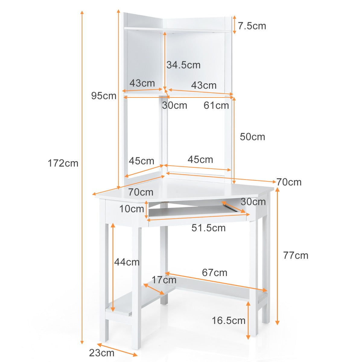 Corner Computer Desk with Hutch for Study &amp; Writing-White