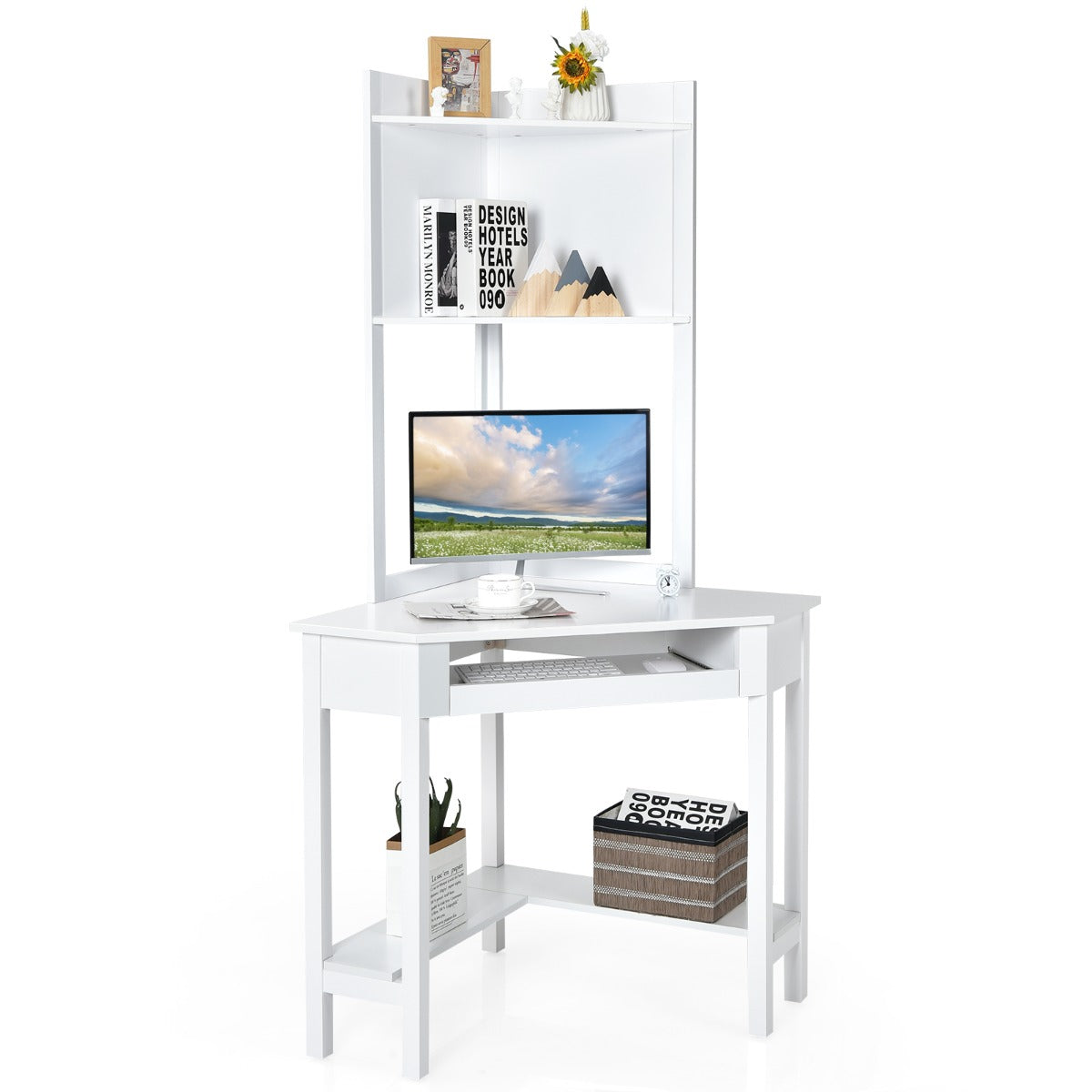 Corner Computer Desk with Hutch for Study &amp; Writing-White