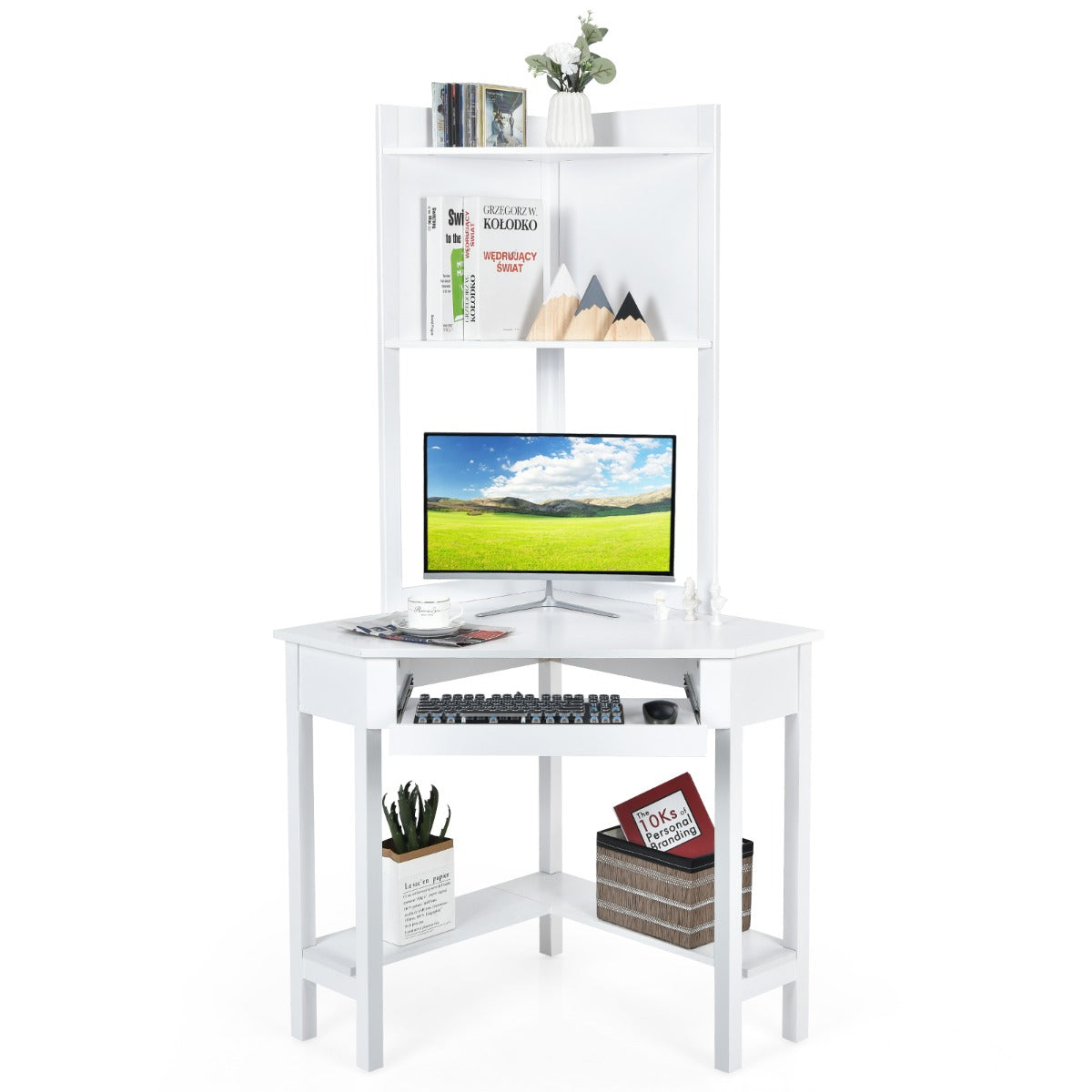 Corner Computer Desk with Hutch for Study &amp; Writing-White
