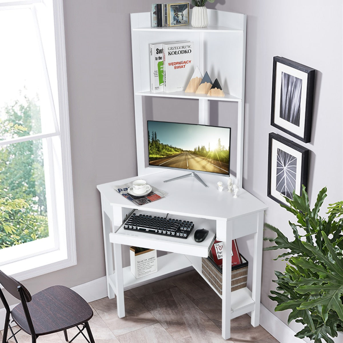 Corner Computer Desk with Hutch for Study &amp; Writing-White
