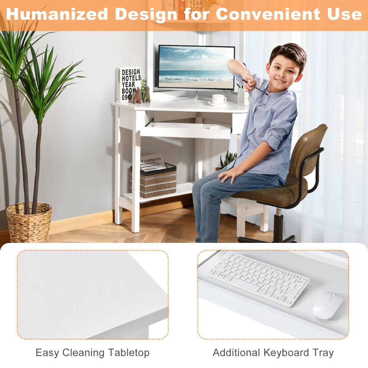 Corner Computer Desk with Hutch for Study &amp; Writing-White