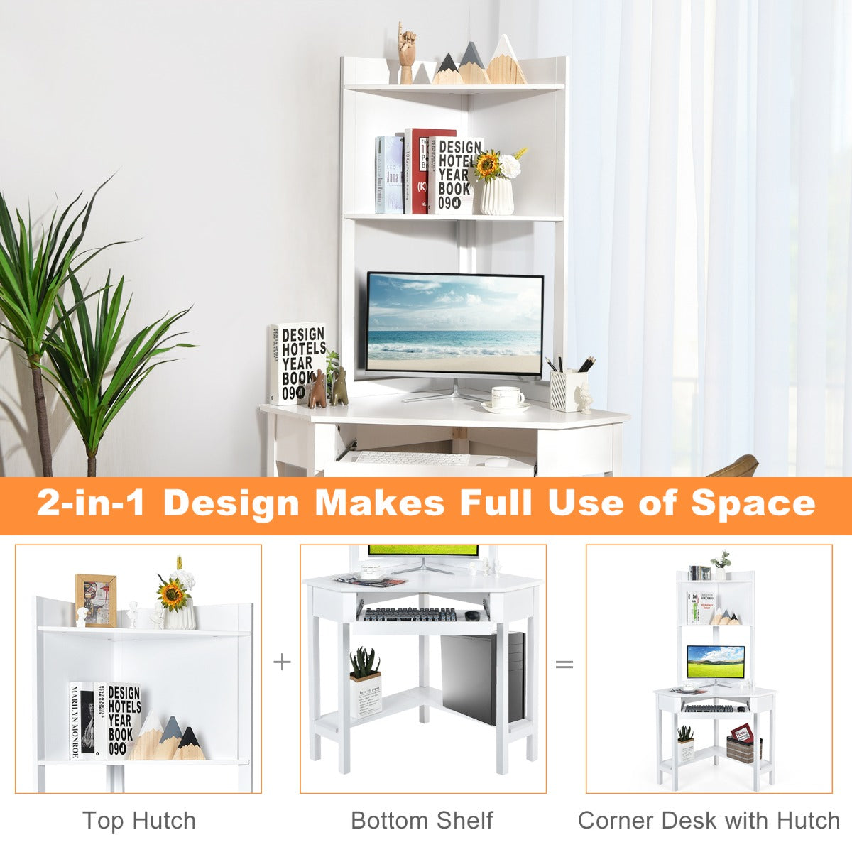 Corner Computer Desk with Hutch for Study &amp; Writing-White