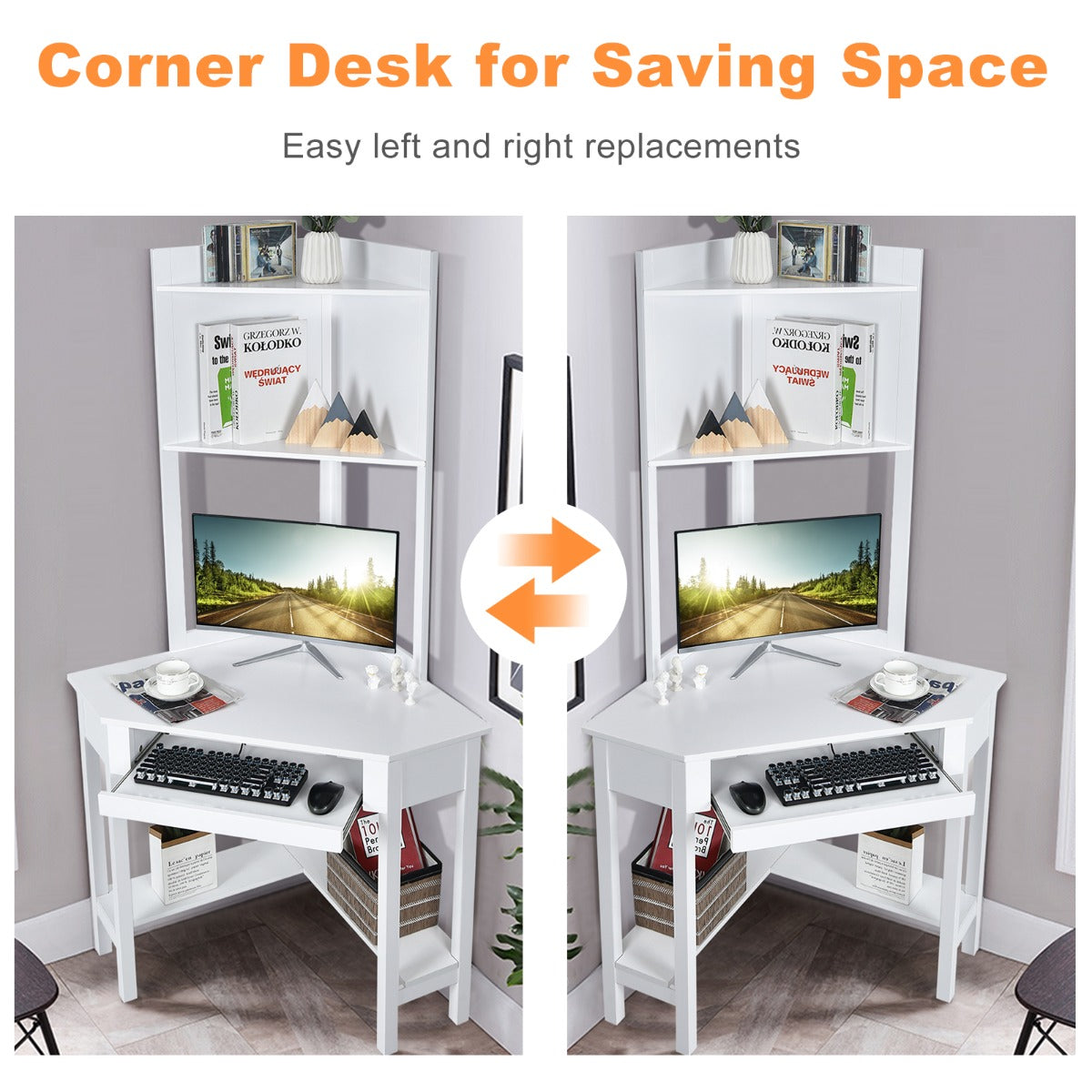 Corner Computer Desk with Hutch for Study &amp; Writing-White