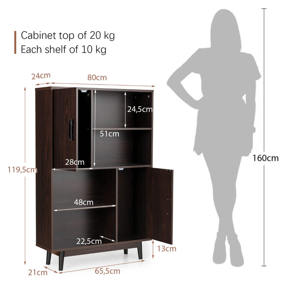 Four-tier wooden bookcase with two concealed doors and four open shelves for organized home storage