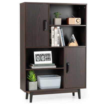 Freestanding bookcase displays books and decorations while hiding clutter behind two storage doors