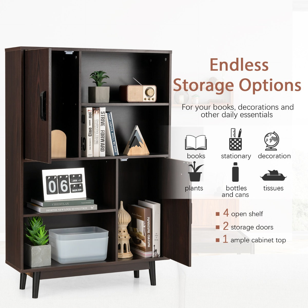Stable rubberwood legs and anti-scratch footpads support the storage cabinet securely