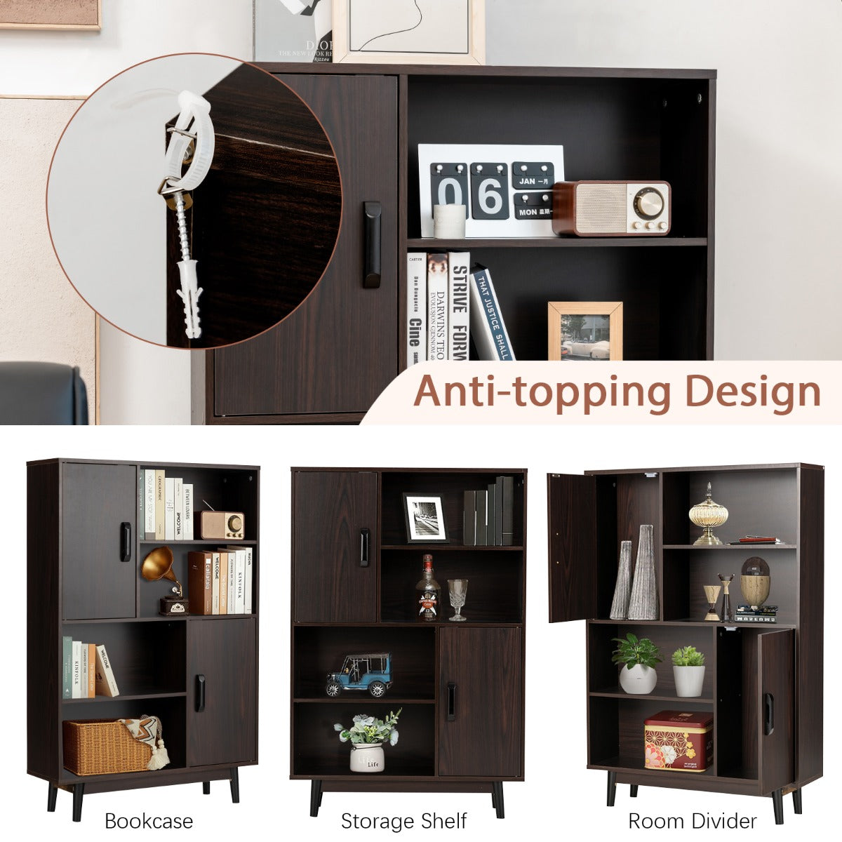 Engineered wood storage shelf offers four open compartments for books, CDs, and decorations