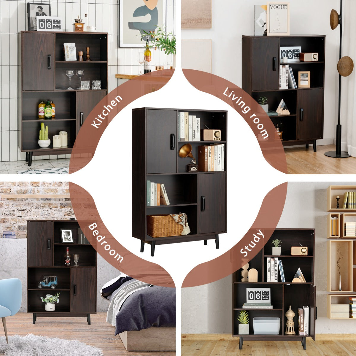 Coffee, white, or black wooden bookshelf complements living rooms, bedrooms, studies, and offices