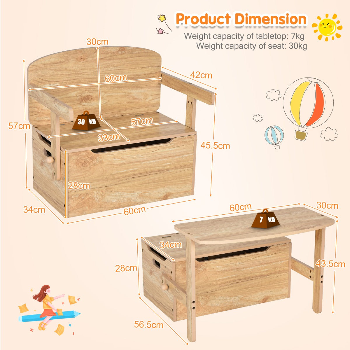 Three-in-one kids convertible bench changes from a storage stool into a desk and chair set