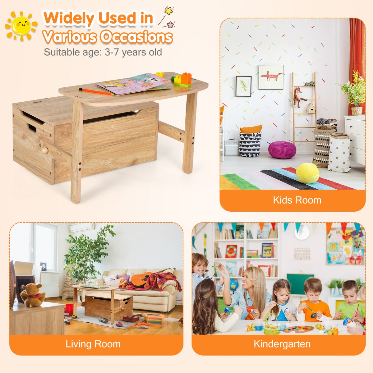 Kids activity bench supports up to 30kg on the seat and 7kg on the tabletop