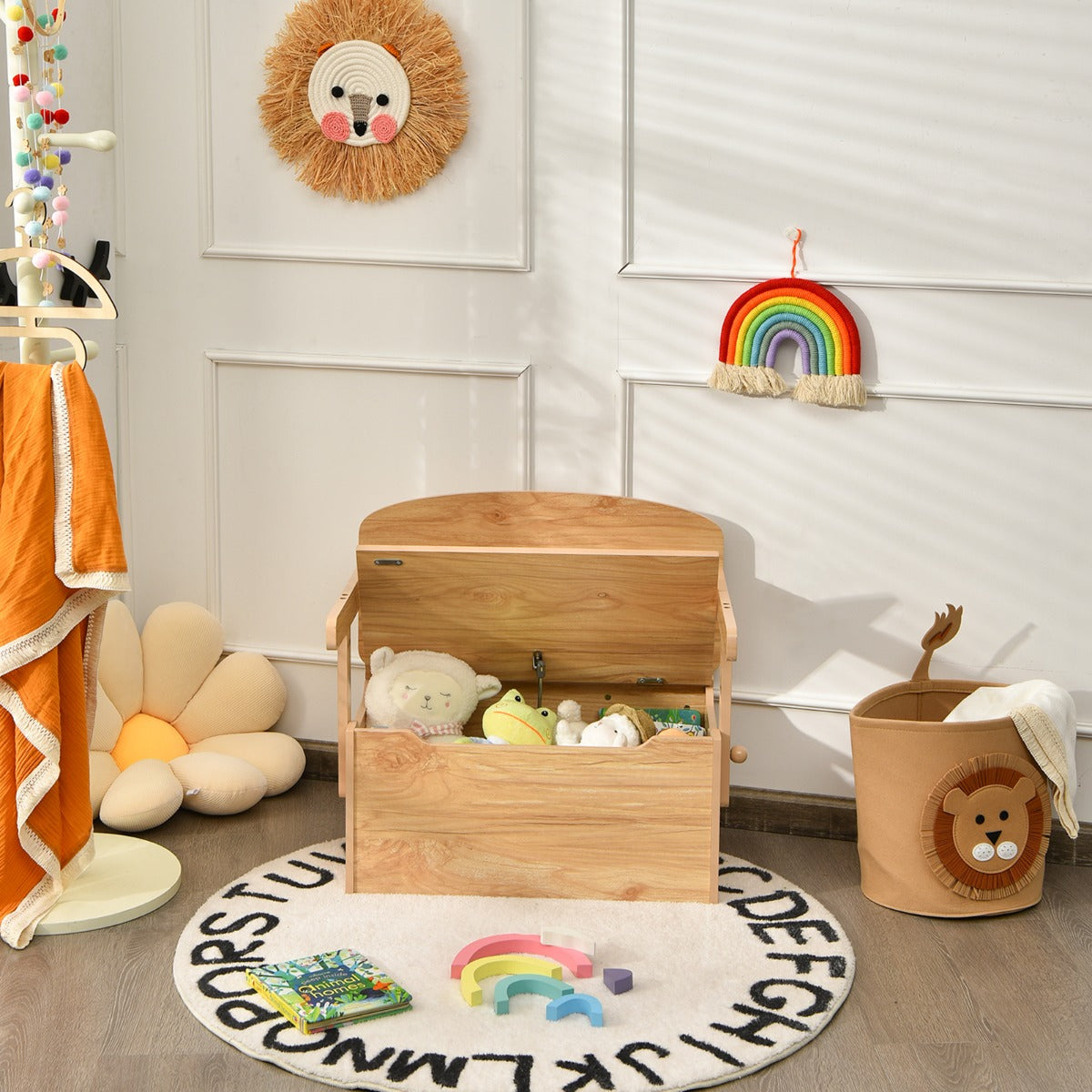 Ergonomic backrest and armrests provide comfortable seating for kids ages three to seven