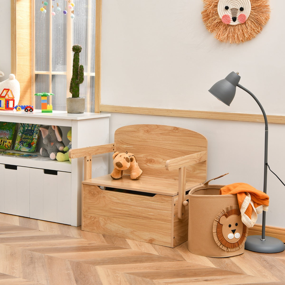 Built-in side handles make the convertible activity bench easy to move around the room