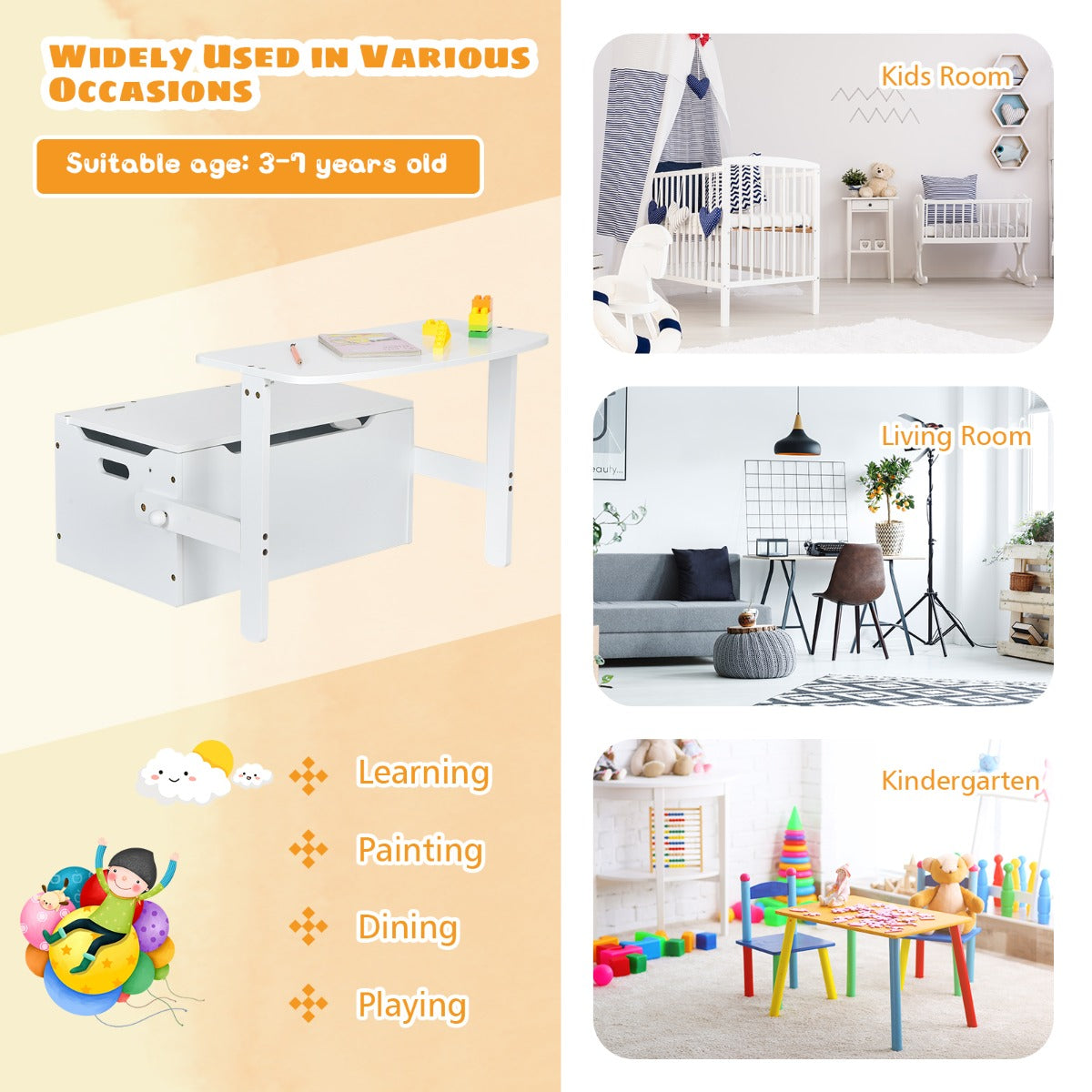 Versatile storage bench suits kids' bedrooms, kindergartens, art rooms, playrooms, and entryways