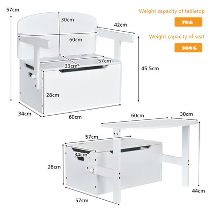 Three-in-one kids activity bench converts between a storage bench, desk, and chair set for ages three to seven