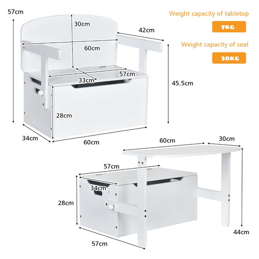 Three-in-one kids activity bench converts between a storage bench, desk, and chair set for ages three to seven