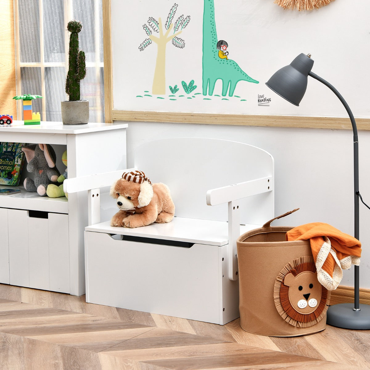 Built-in side handles make the children's storage bench easy to lift and move around the room