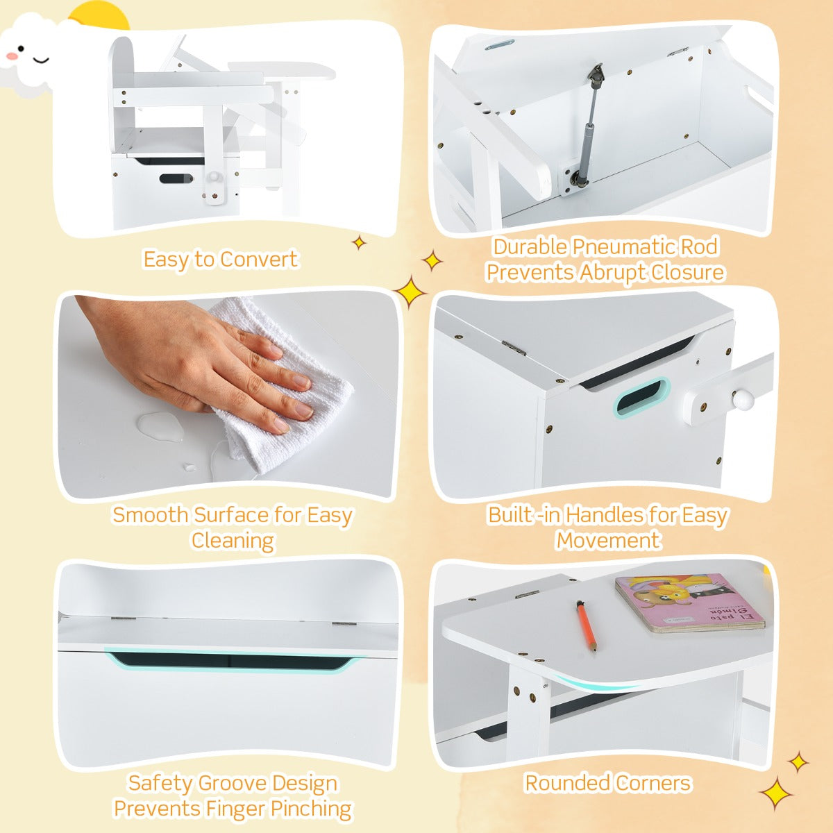 Finger-pinch prevention groove and rounded corners create a safer activity bench for young children