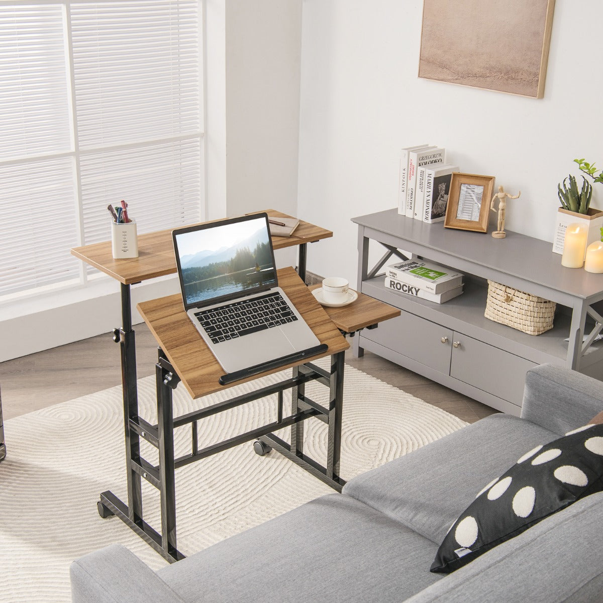 Mobile Stand up Computer Desk with 2 Tilting Desktops for Office Black