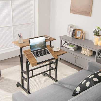 Mobile Stand up Computer Desk with 2 Tilting Desktops for Office Black