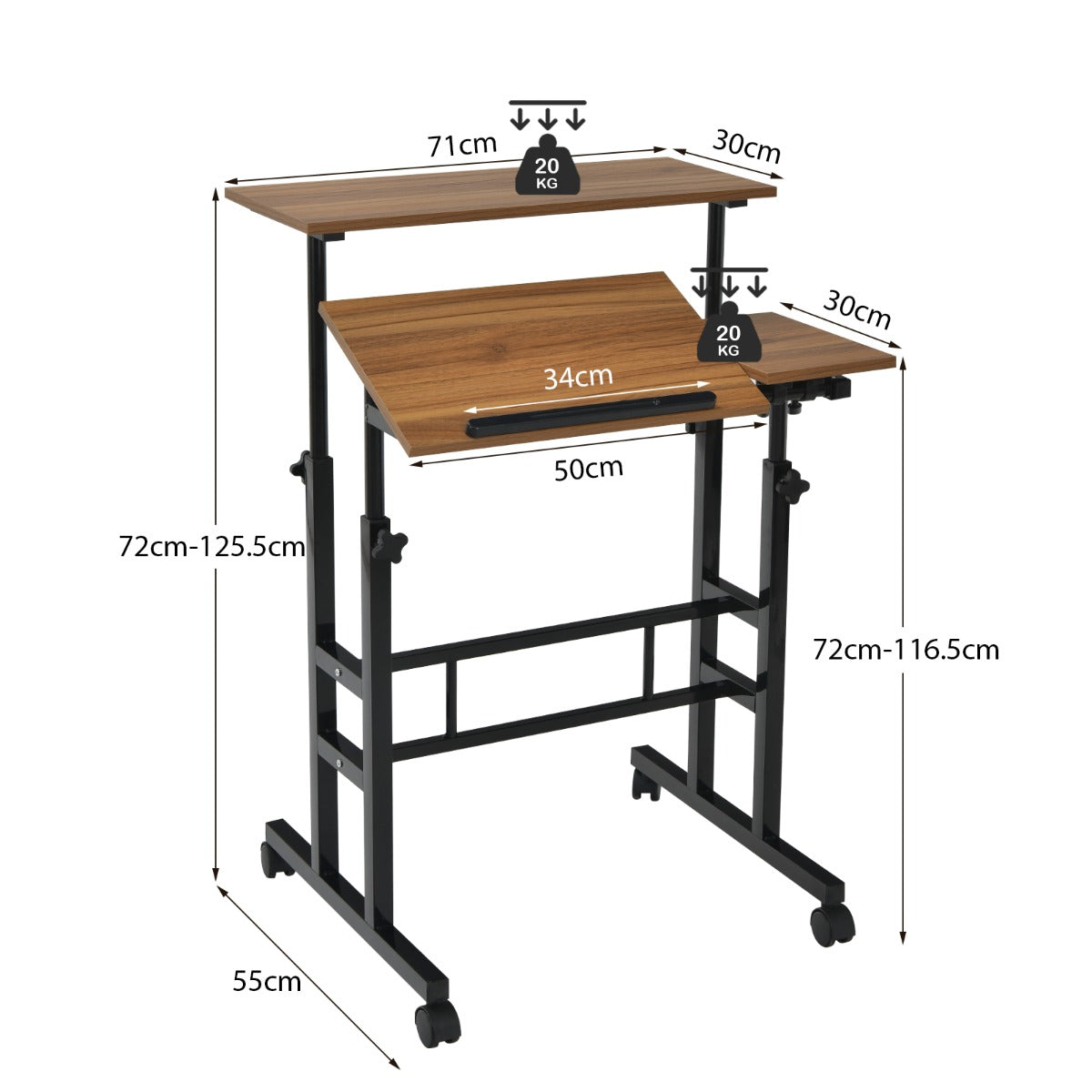 Mobile Stand up Computer Desk with 2 Tilting Desktops for Office Black