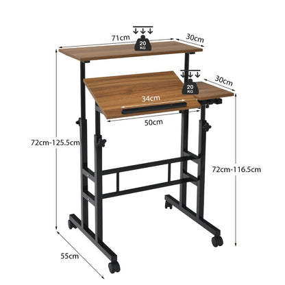 Mobile Stand up Computer Desk with 2 Tilting Desktops for Office Black