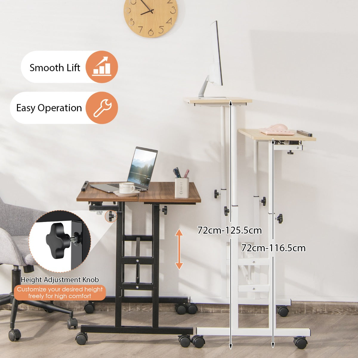 Mobile Stand up Computer Desk with 2 Tilting Desktops for Office Black