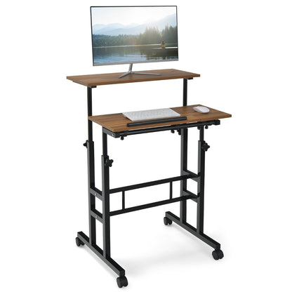 Mobile Stand up Computer Desk with 2 Tilting Desktops for Office Black