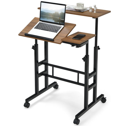 Mobile Stand up Computer Desk with 2 Tilting Desktops for Office Black
