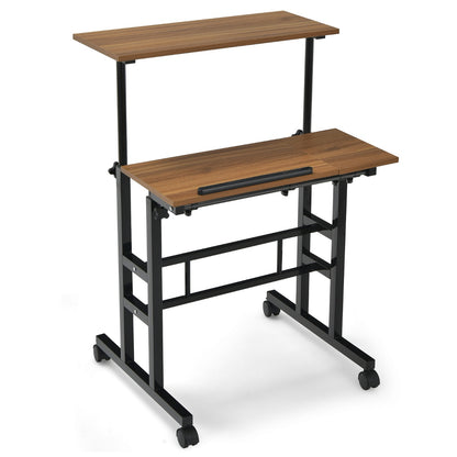 Mobile Stand up Computer Desk with 2 Tilting Desktops for Office Black